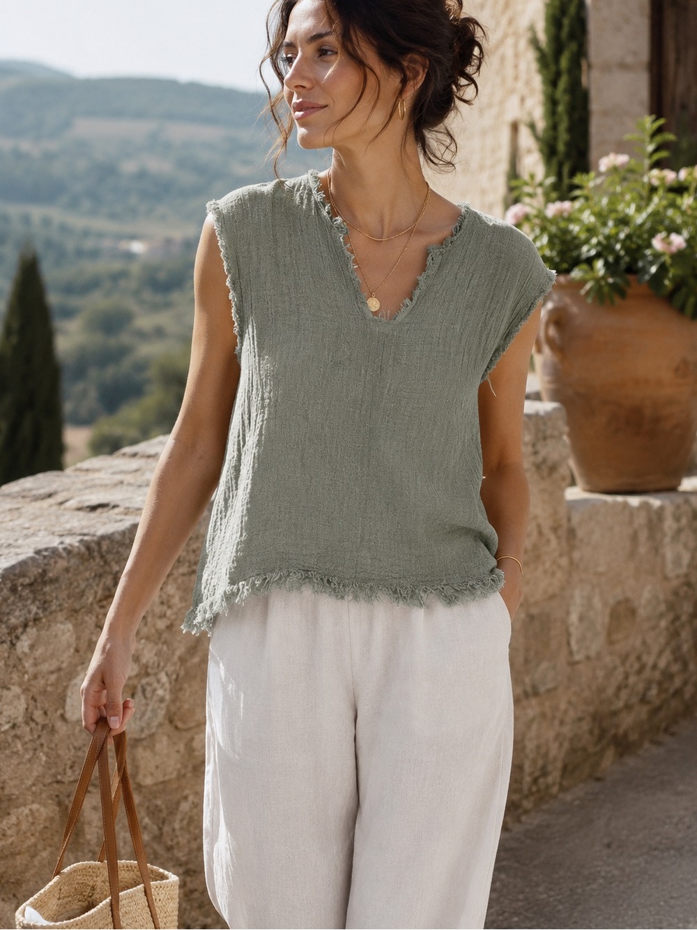 La Bottega di Brunella Linen Top Sage Green Small Lagenlook Boho Italy Resort